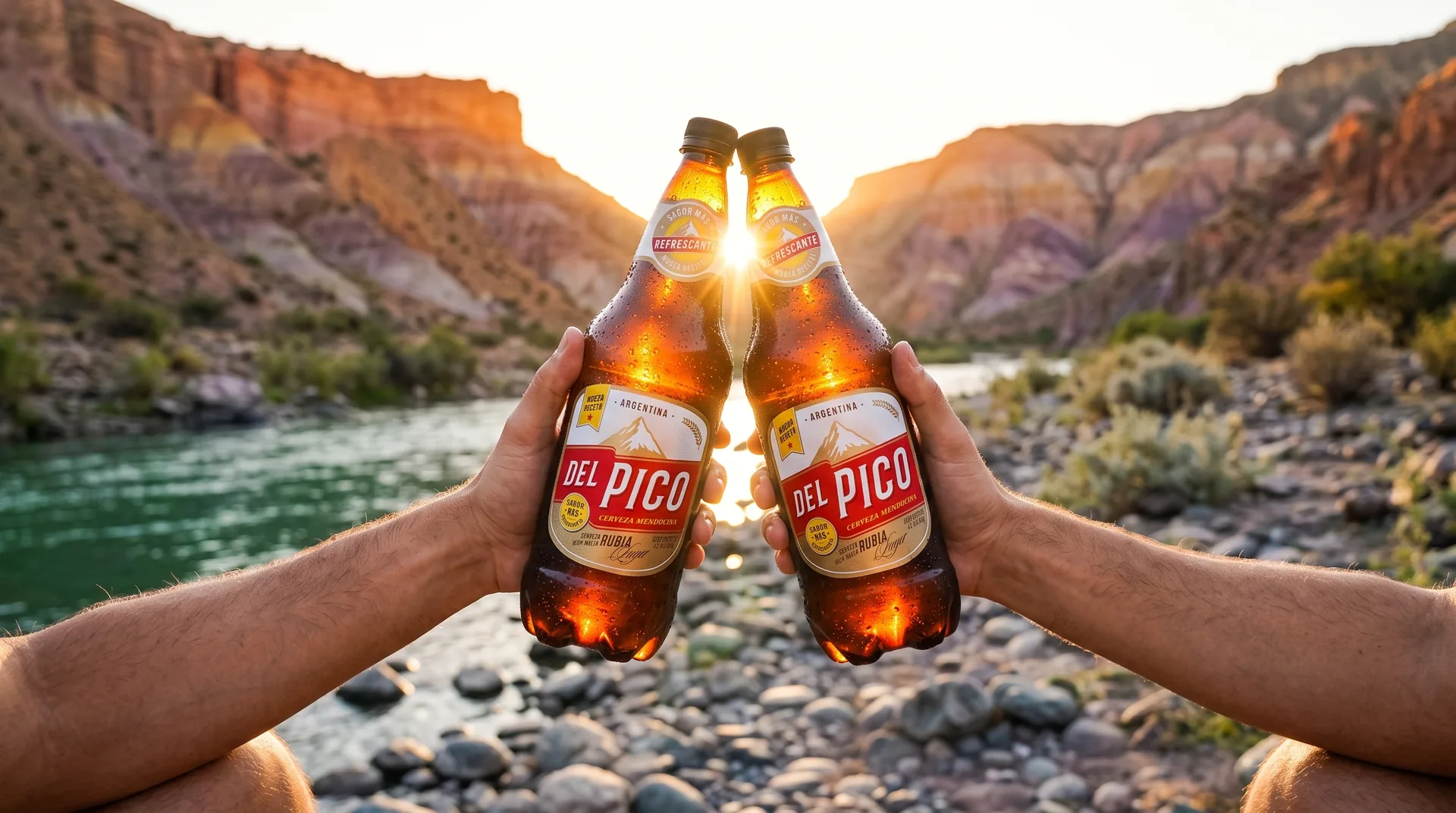 Brindis con dos botellas de Del Pico frente a un río de montaña al atardecer